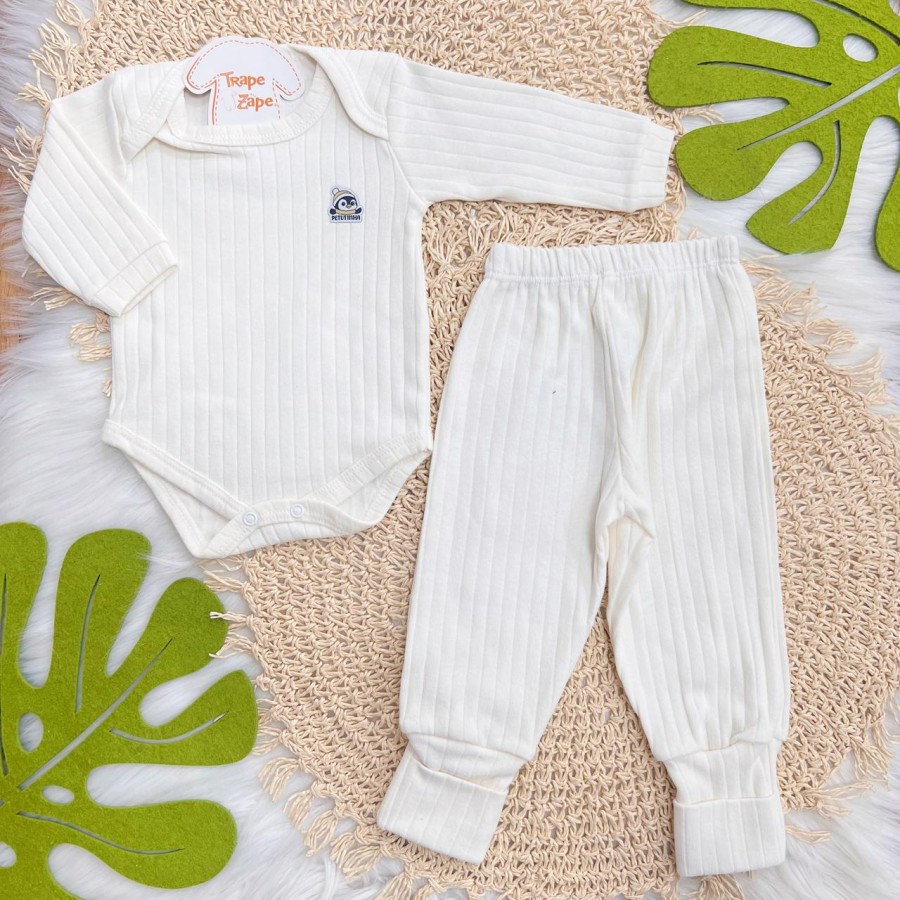 Conj. Body Manga Longa Pinguim e Calça Canelada - Branco